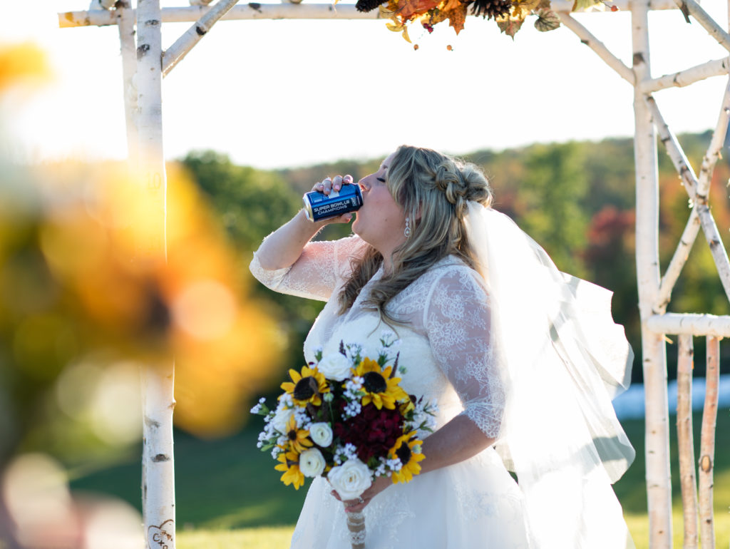 NH farm bride drinking a budlight 