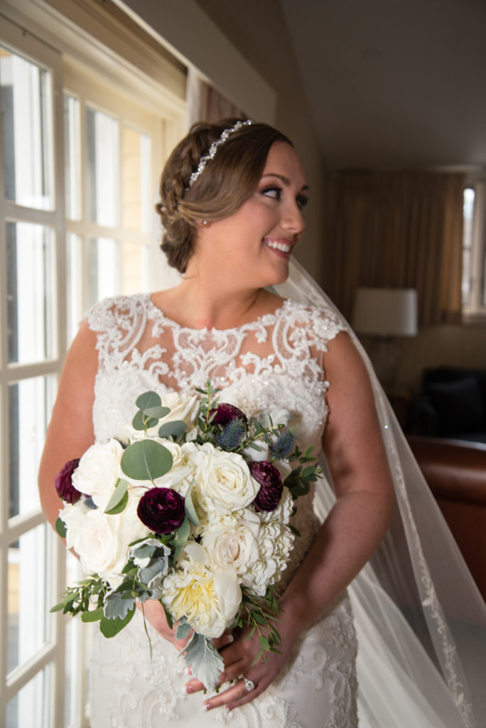 Bride looking at family smiling