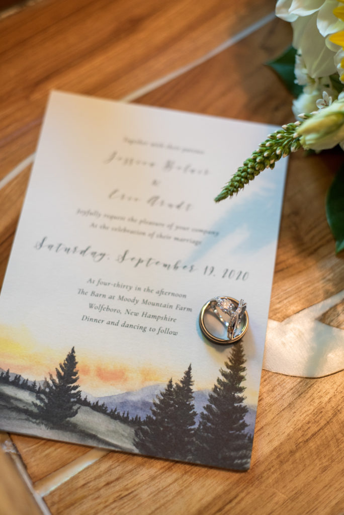 close up of wedding rings on invitation