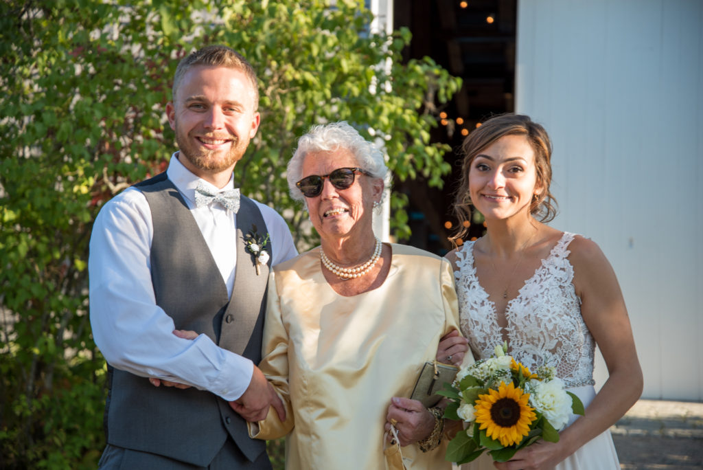 bride and groom with groom's grandmother