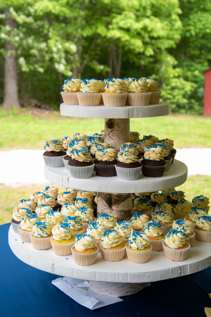 cupcakes on a cupcake stand at summer backyard wedding