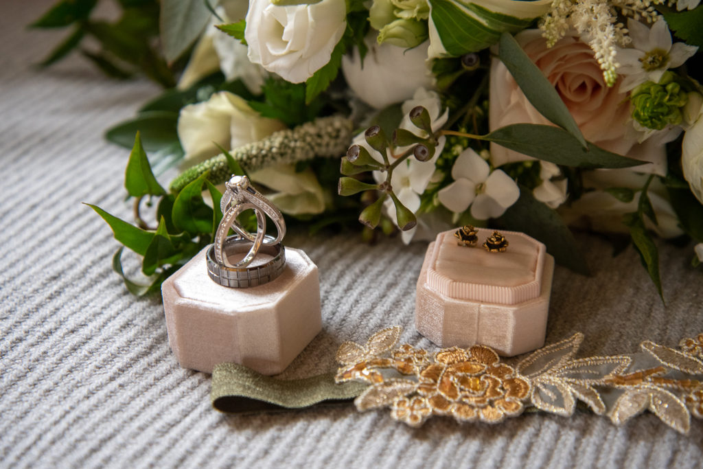 bridal details - garter, bouquet, rings, earrings, shoes