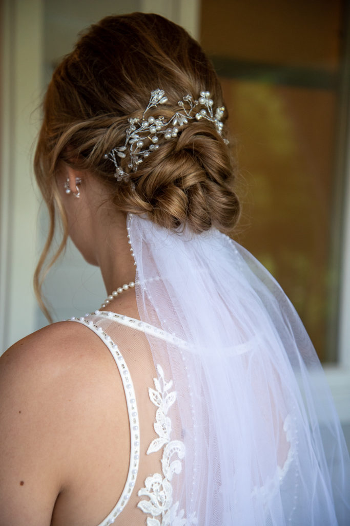 up close shot of bride's updo and veil