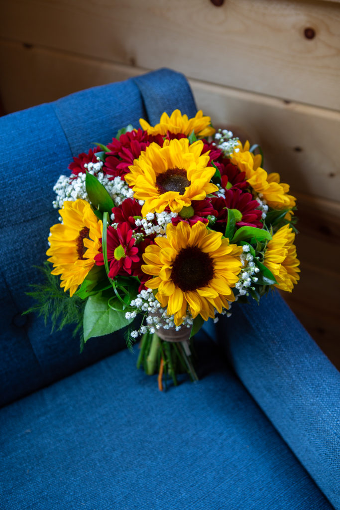 sunflower bridal bouquet at fall wedding at the barn