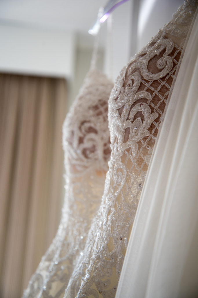 close up of the bride's dress hanging up