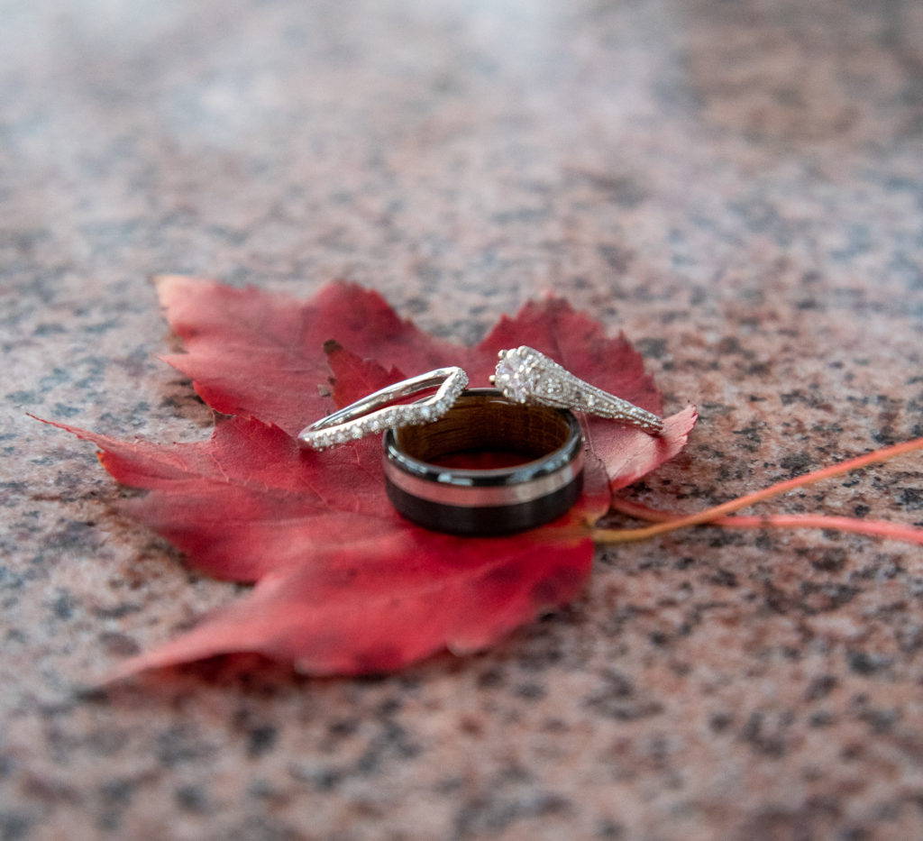 wedding rings on red leave
