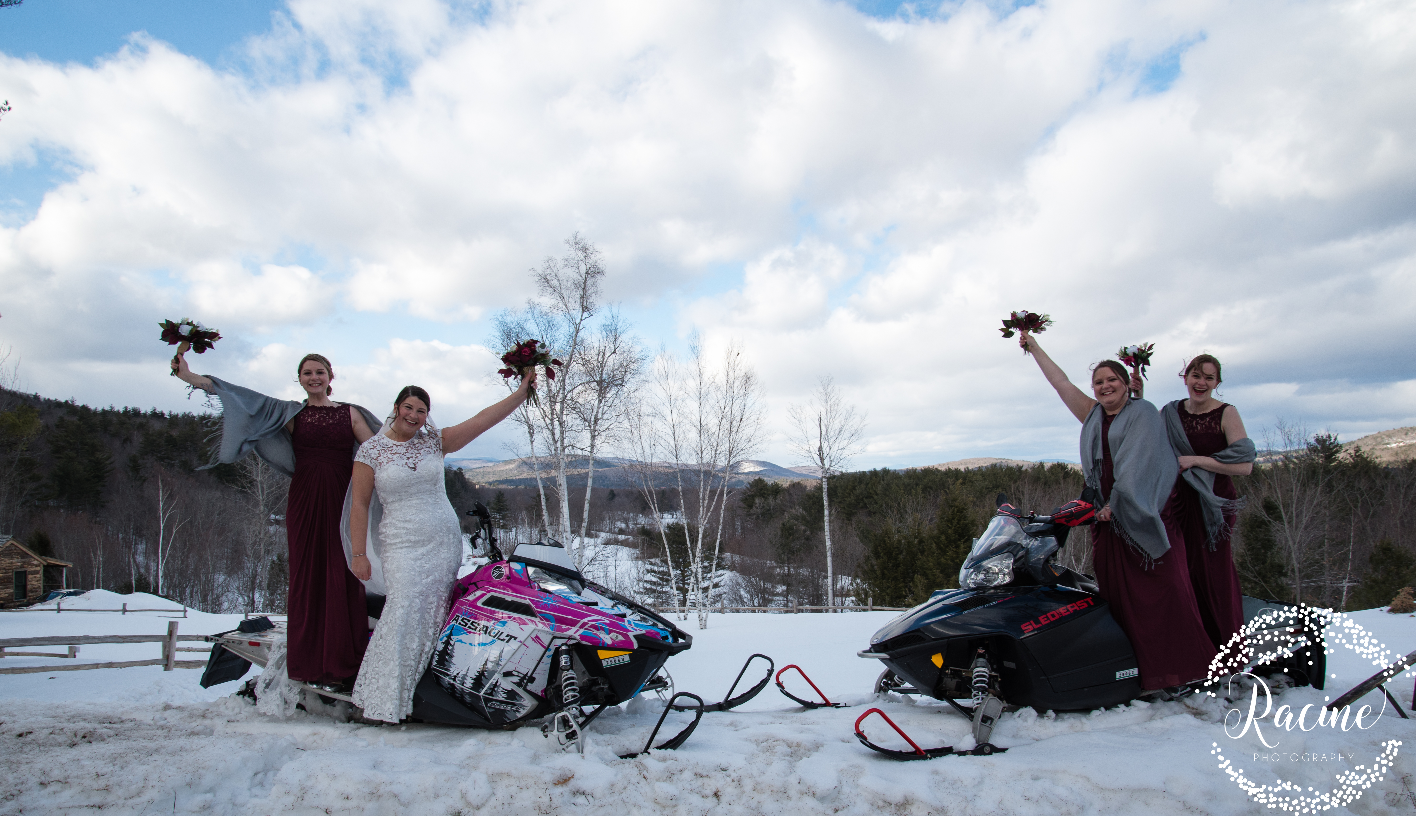 bridesmaids on snowmobiles