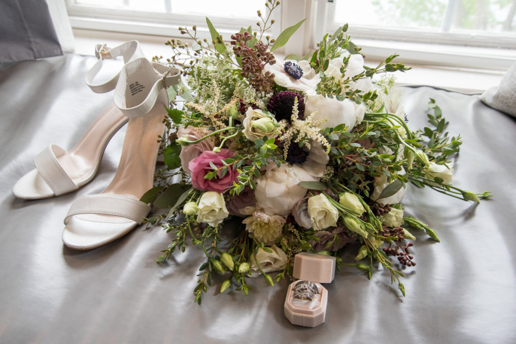 bridal bouquet, shoes and rings