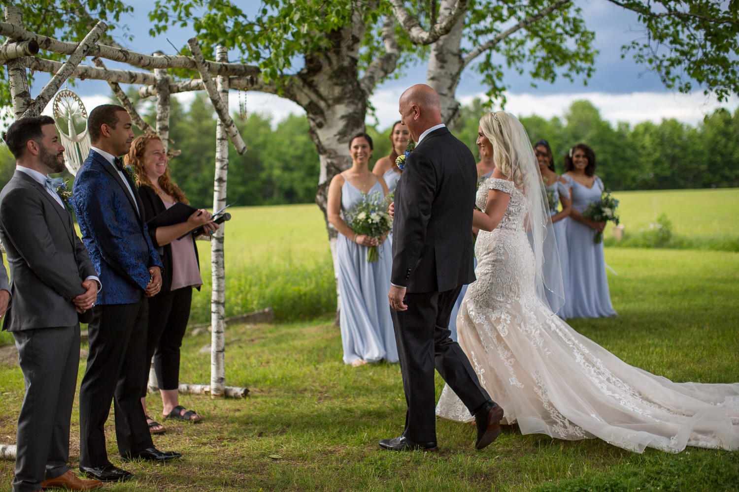 bride and her dad walking down the aisle at the perfect wedding day at Whitney Farm Estate