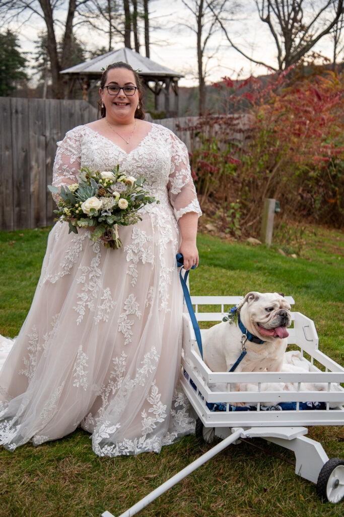 The bride and petunia after the late fall wedding