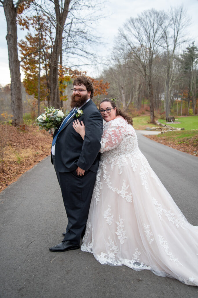 The bride and groom after the late fall wedding