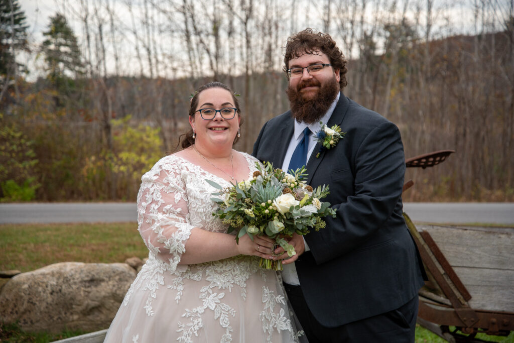 The bride and groom after the late fall wedding